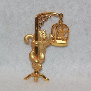 JJ Jonette Cat & Dangle Birdcage Brooch